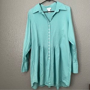 Soft Surroundings Light Blue Teal Button Up Ribbed Long Sleeve Shirt Tunic Large